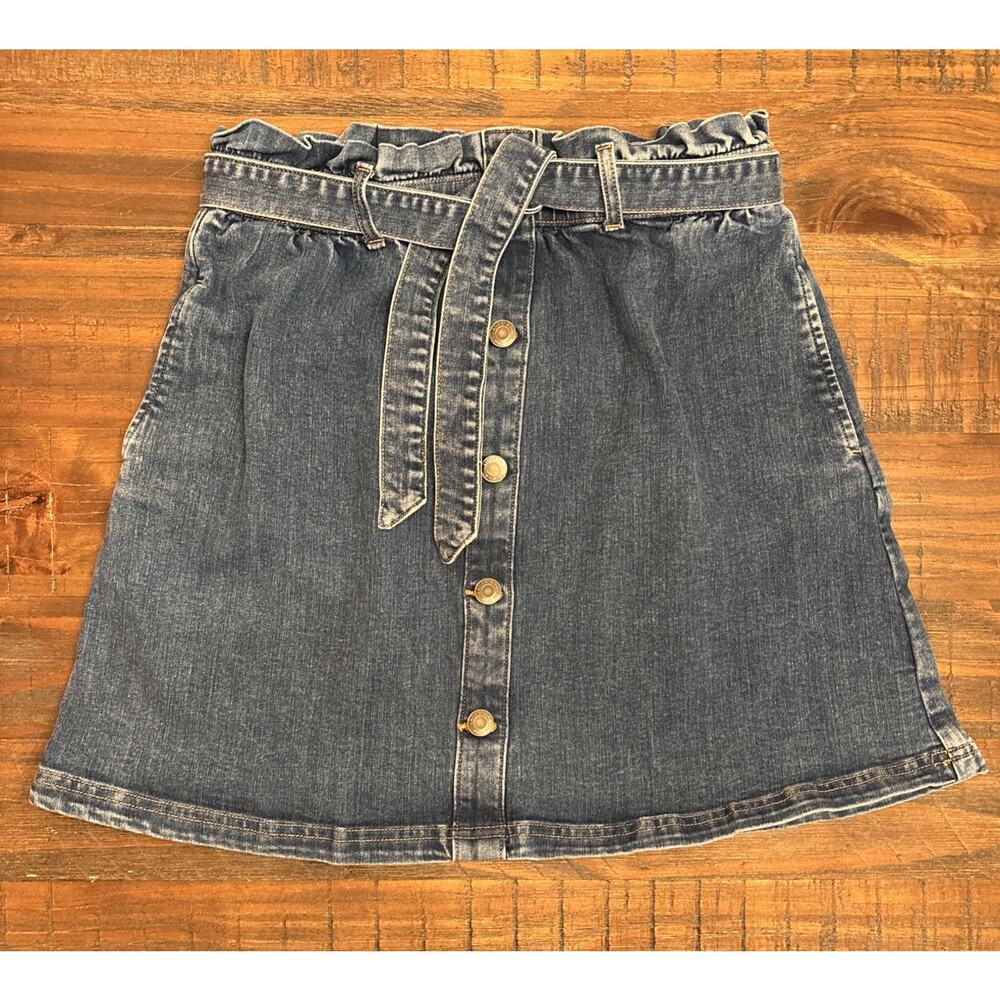 Lands' End Girls size 16 Blue Denim Jean Skirt Belted Pockets Buttons